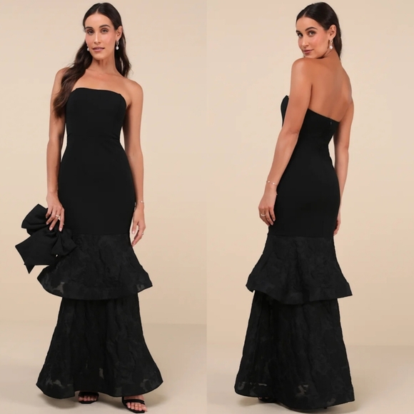 Lulus Immense Drama Black Strapless Tiered Jacquard Maxi Dress M Wedding Prom - Picture 1 of 9